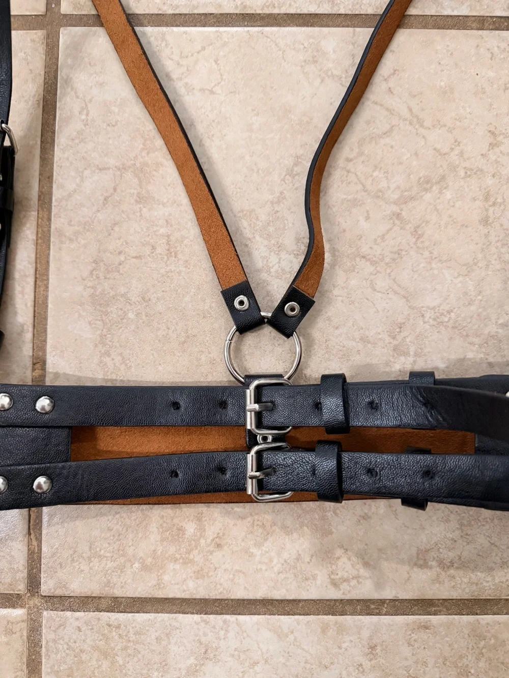 EUC Black Leather Harness Belt / Double Buckle Waist Belt